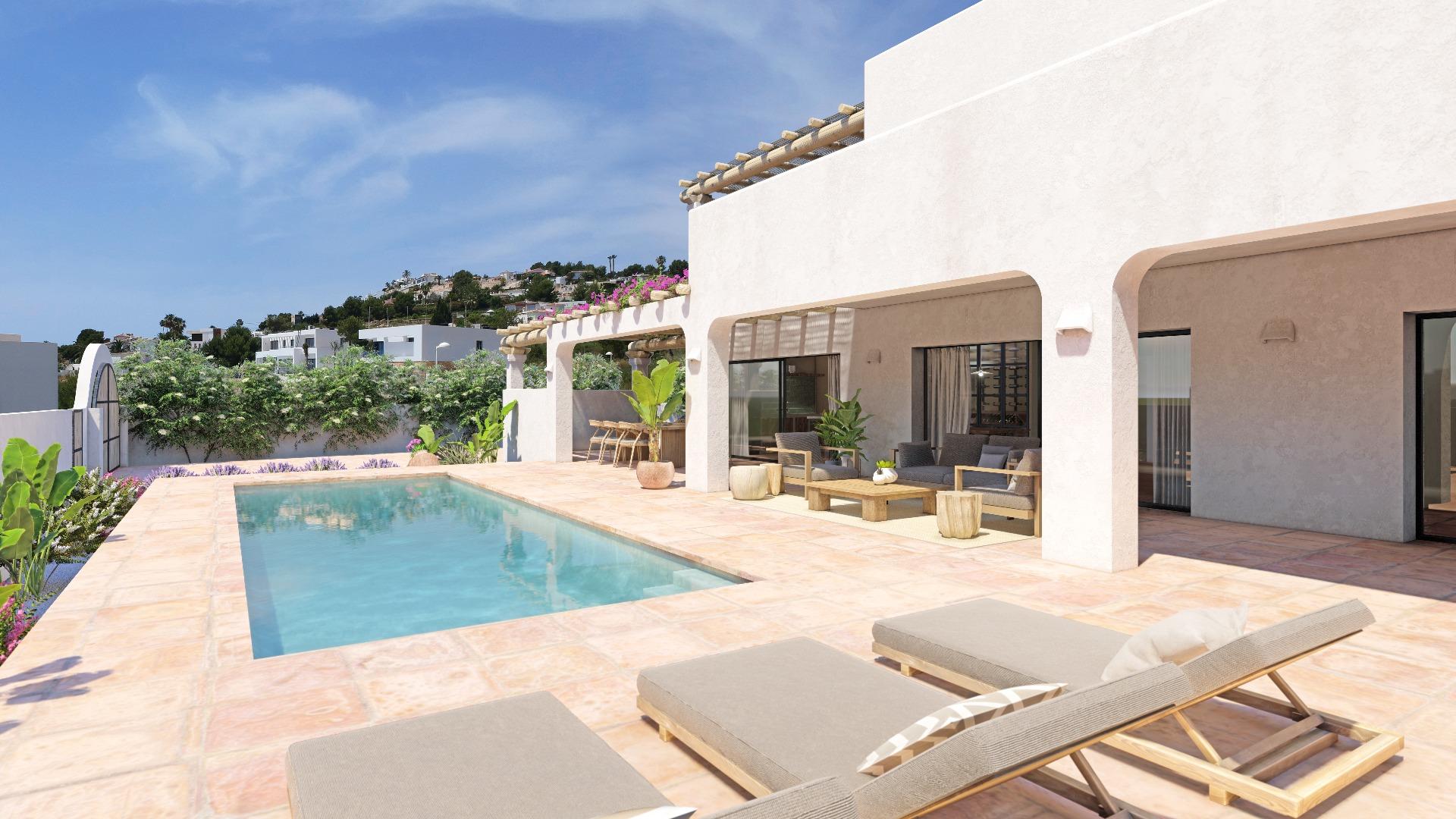Villa moderne de style Ibiza à Moraira avec vue sur la mer à vendre
